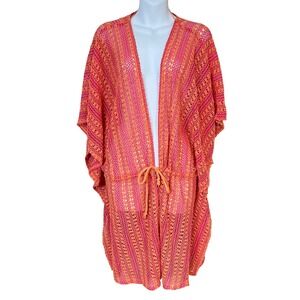 Time and Tru Crochet Swim Cover Up Womens S/M Orange Pink Striped Drawstring